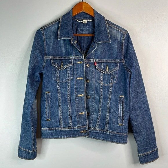 LEVIS Blue Dark Wash Denim Trucker Jean Jacket Red Tab Pockets Cotton Stretch M - Picture 14 of 14